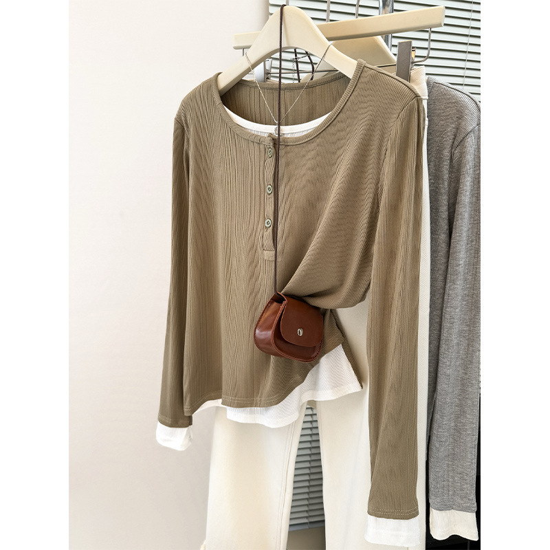 Spring and Autumn New Style Henry Collar Fake Two-Piece Shirt Slimming Temperament Long Sleeve Design T-Shirt Women's Bottoming Shirt Top