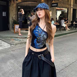 ins跨境外贸纯欲斜领露肩蝴蝶印花短款T恤女夏季辣妹性感短袖女T