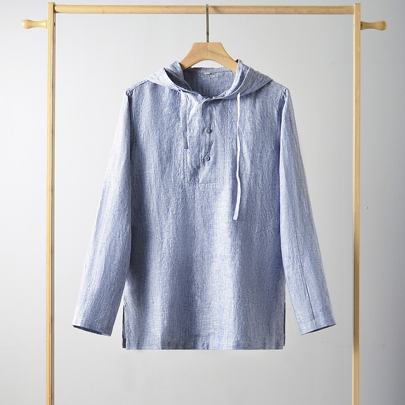 2024 nueva primavera y otoño de lino flojo color sólido con capucha casual Camisa E012