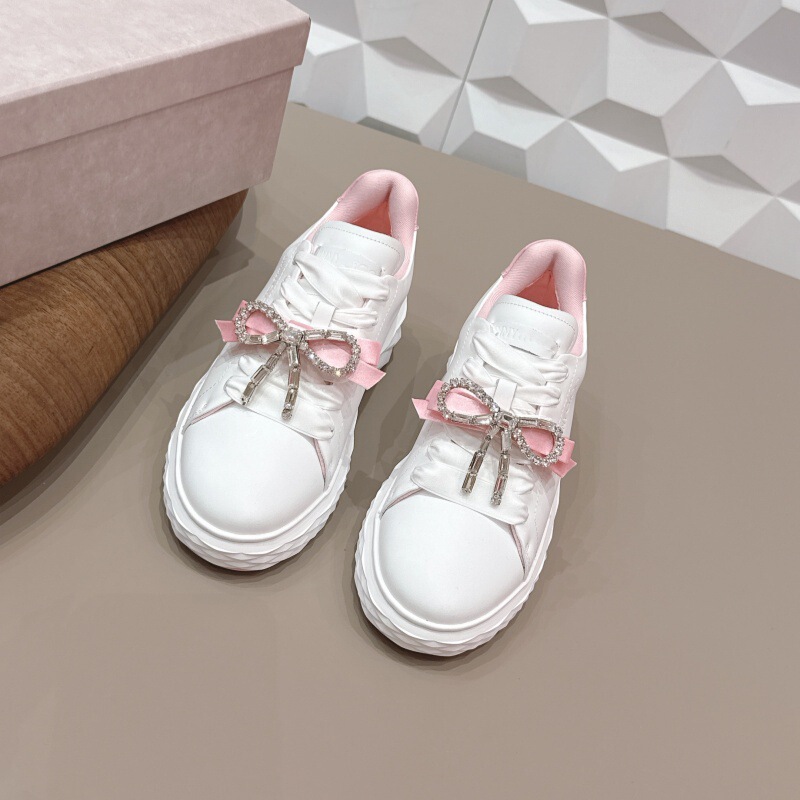 2026 Spring and Autumn Rhinestone Bowknot Decorated Sports Casual Shoes Jc Genuine Leather Versatile Thick-Soled White Sneakers