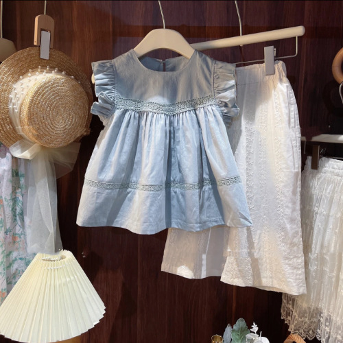 Korean style girls' sleeveless babydoll shirt 2024 summer baby girl pastoral style top small and medium children's clothing shirt