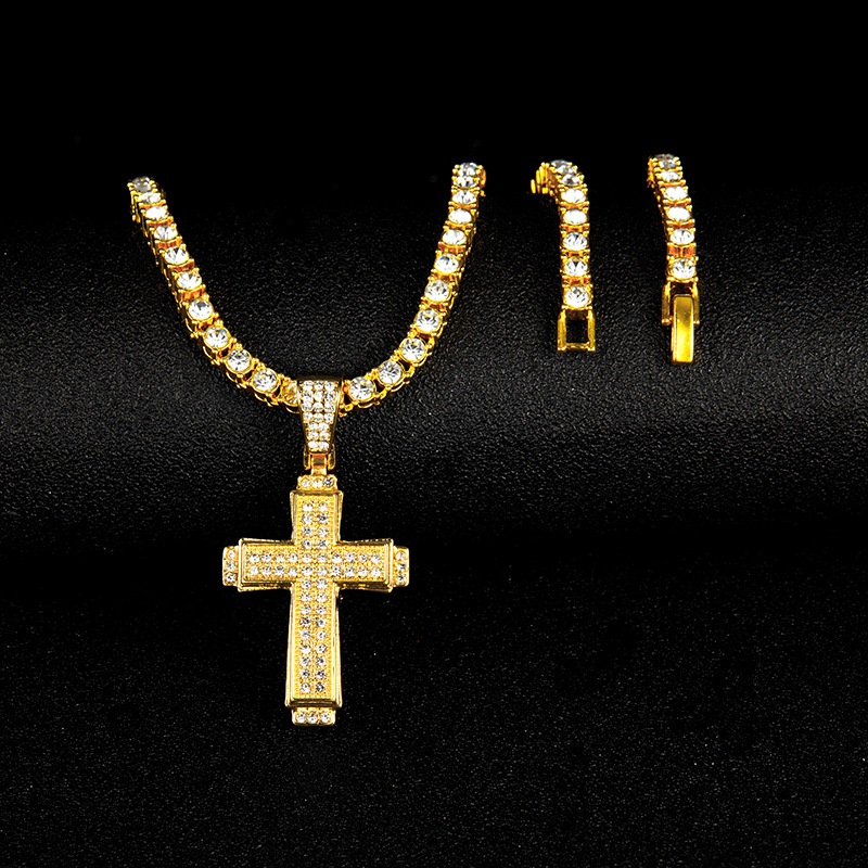 Hip Hop Necklace Personalized Design Sense Alloy Water Diamond Cross Pendant Hair_voghion.com