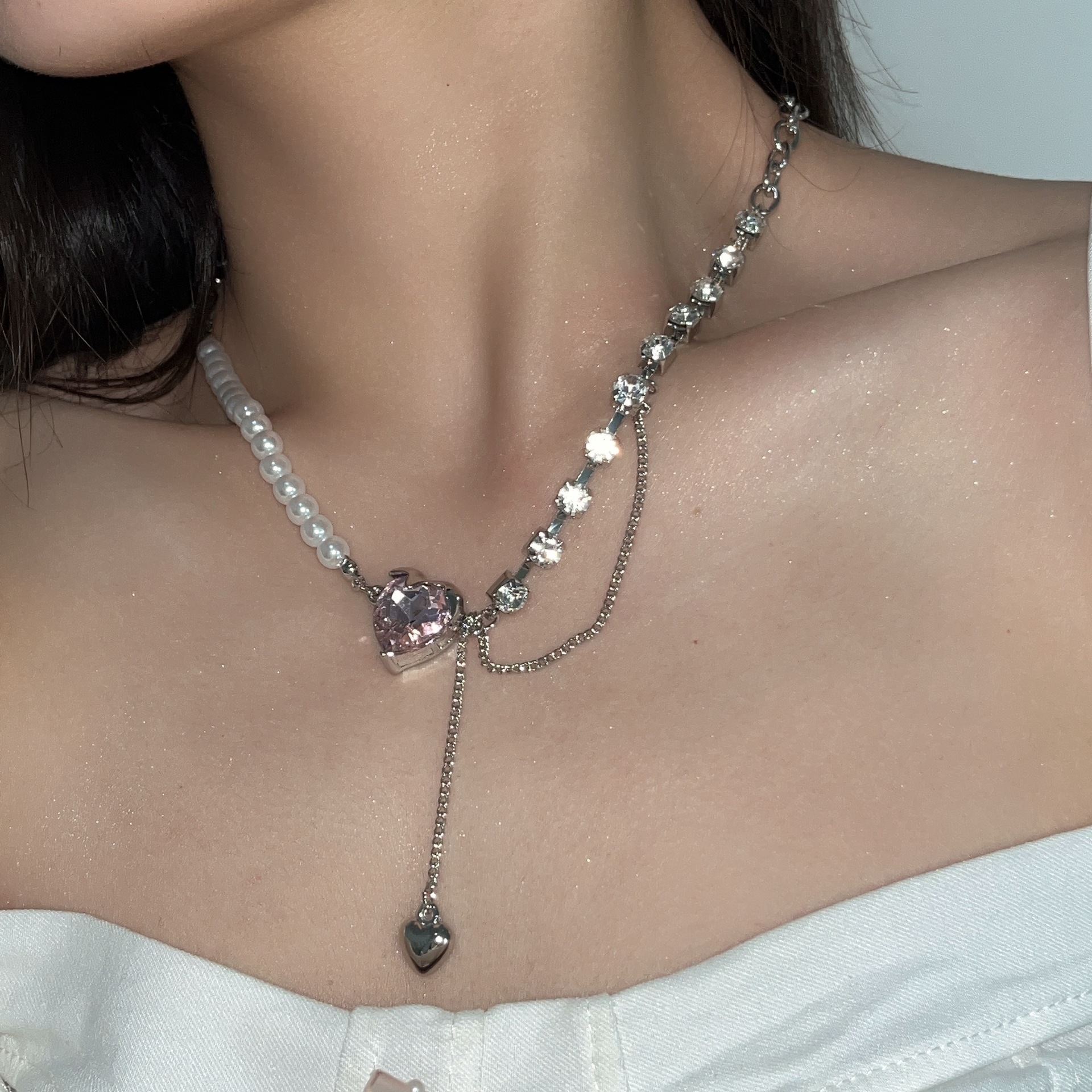 Womenu0027S Sweet Heart Imitation Pearl Rhinestone Mixed materials Necklace Tassel Rhinestone Neckla