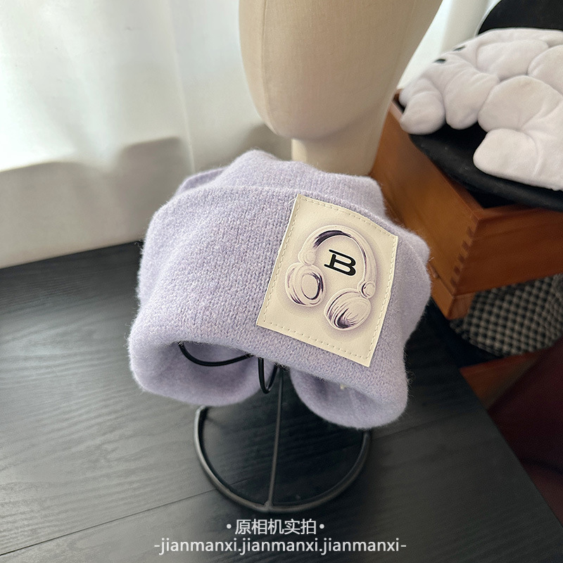 多色新款耳机贴布针织帽秋冬保暖日常百搭大头围宽松堆堆帽冷帽女|undefined