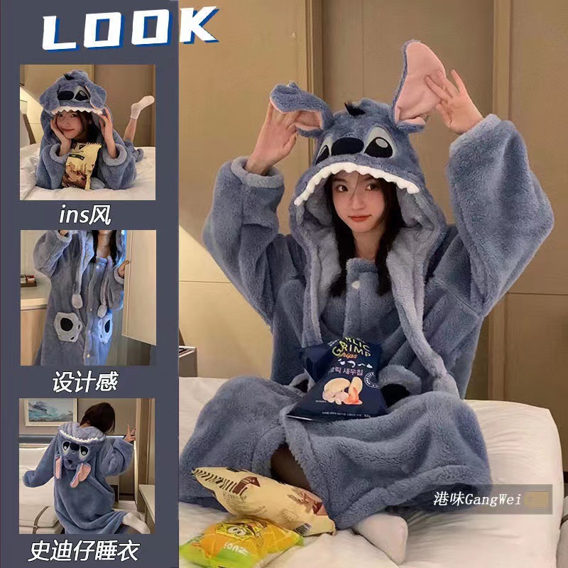 Coral velvet nightgown for women winter long thickened velvet pajamas set autumn and winter flannel home clothes Stitch