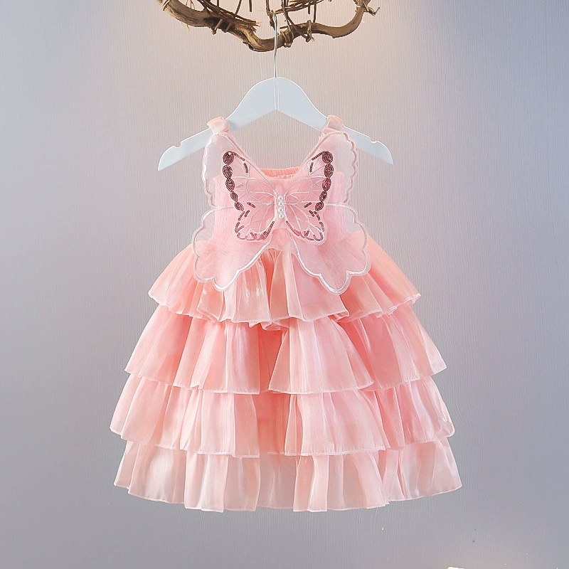 2025 летнее детское платье принцесса сумерки марлевый юбка иностранная пышная сшитая юбка торт корейская версия подтяжки без рукавов