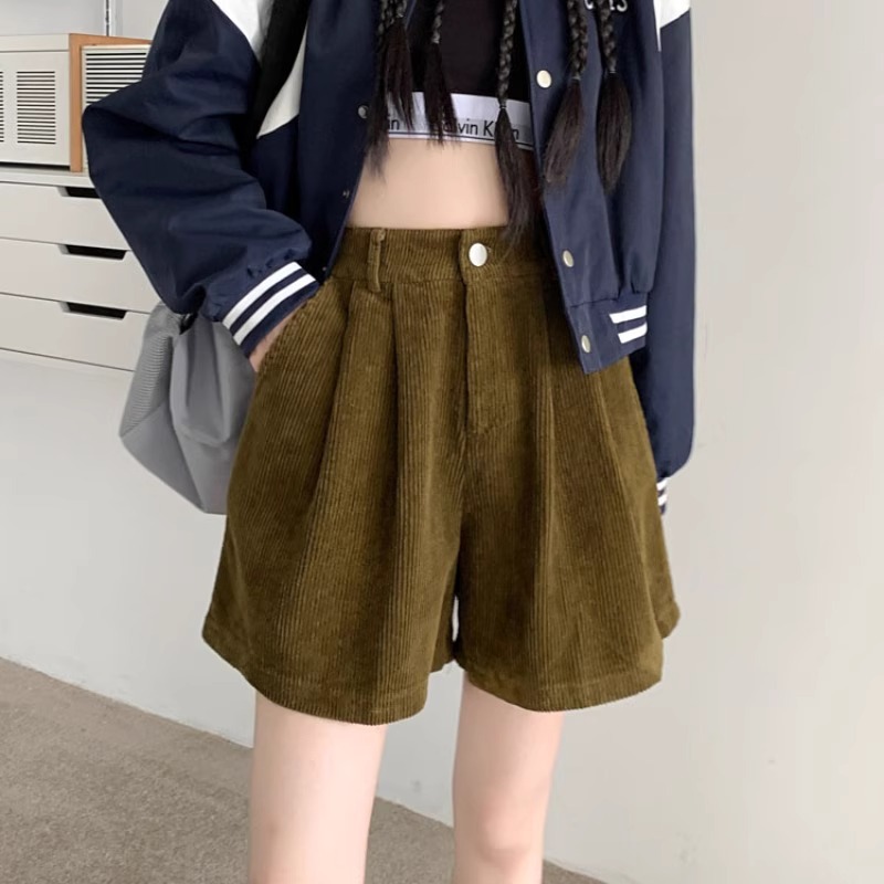 2025 新しい複合ミルクシルクコーデュロイショーツ女性の秋のハイウエスト A ラインワイドレッグパンツカジュアル 5 分パンツ