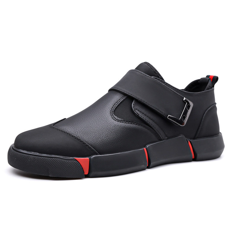 Giày lười nam da PU mũi tròn khóa Velcro chống trượt, đế cao 3 cm — Kaki, Màu đen