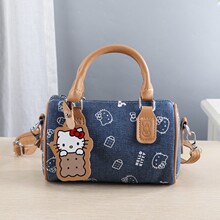 新款百搭kitty猫牛仔保龄球包可爱手提斜挎包时尚牛仔撞色手提包