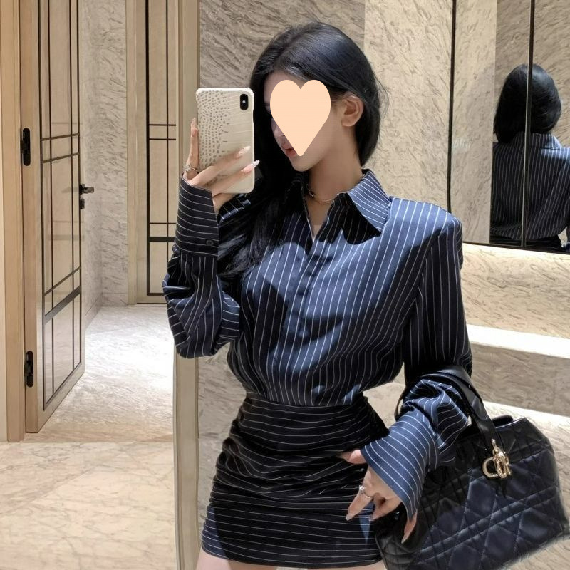 条纹长袖衬衫连衣裙女装秋季收腰衬衣裙子复古气质领包臀短裙|undefined
