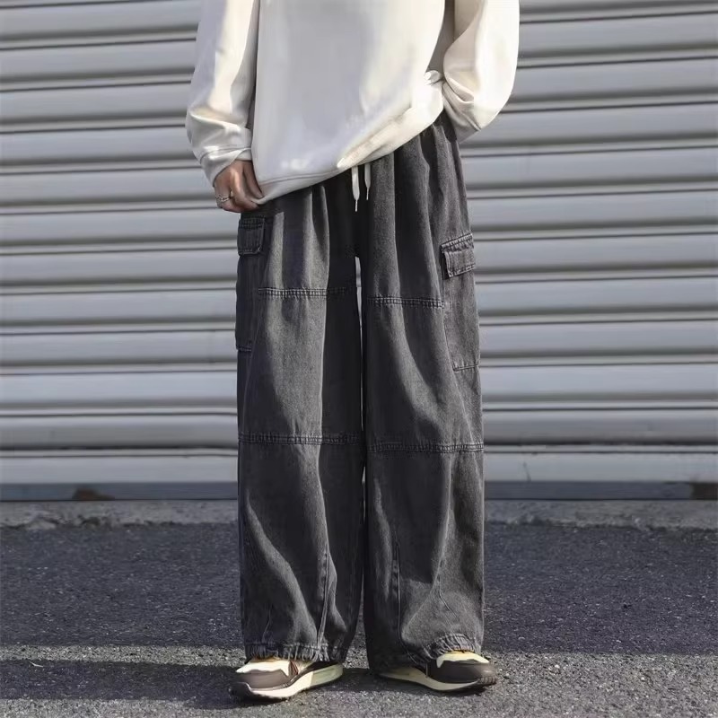 Lazy Vintage Tooling Wide-leg Jeans Men's Hong Kong Style Loose Oversize Big Pocket Retro Street Trousers_mkmklike.com