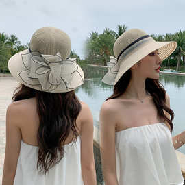 韩版新款夏季女士针织透气欧根纱花朵大沿渔夫帽户外遮阳盆帽子潮