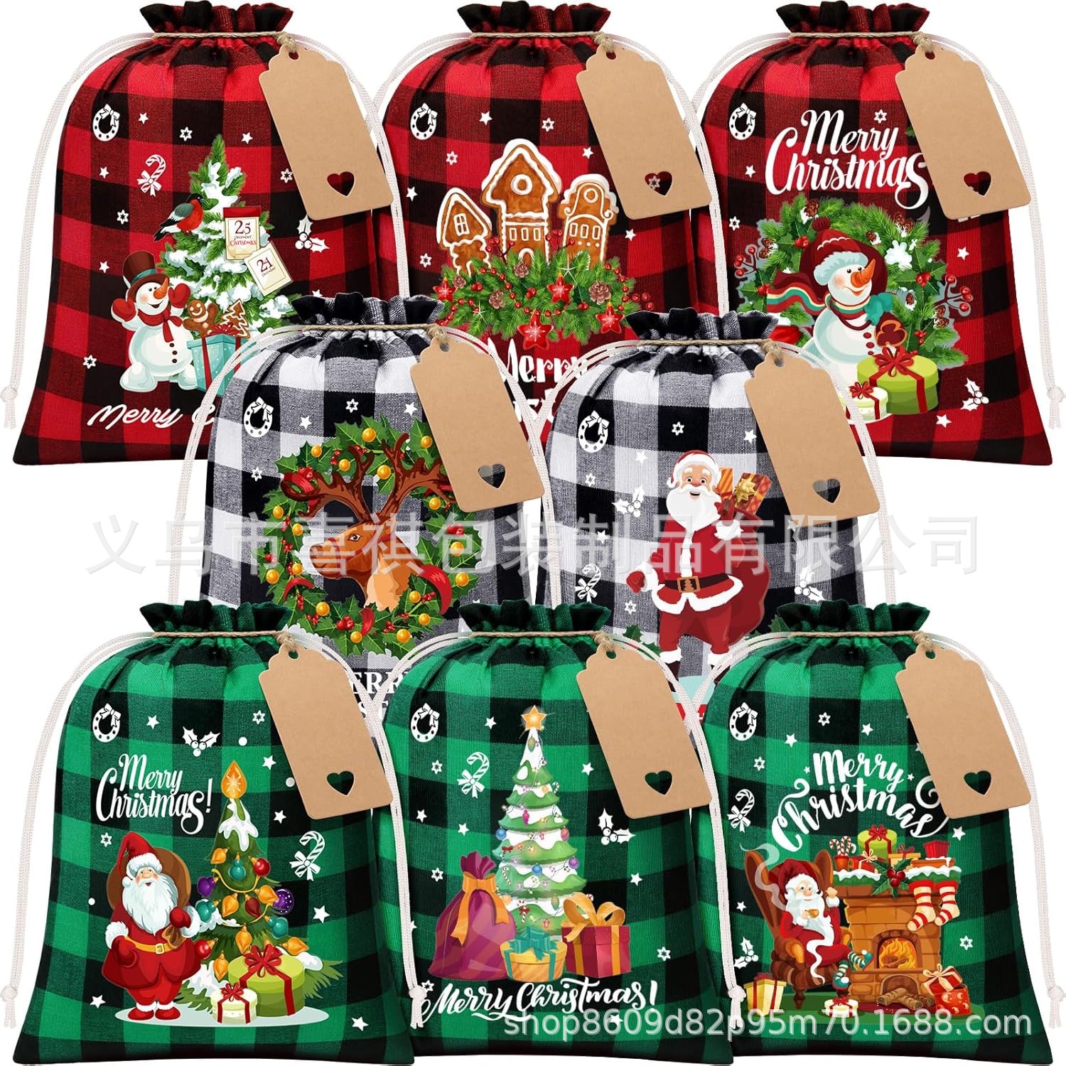 跨境圣诞棉布格子礼品束口袋圣诞节糖果抽绳包装袋套装可自选图案