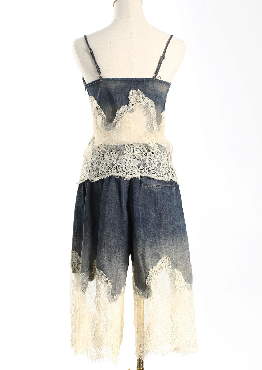 Personality Denim Two Piece Set Summer Drag Sister Sexy Lace Stitching Soft Surface Denim Suspender Shorts Sets