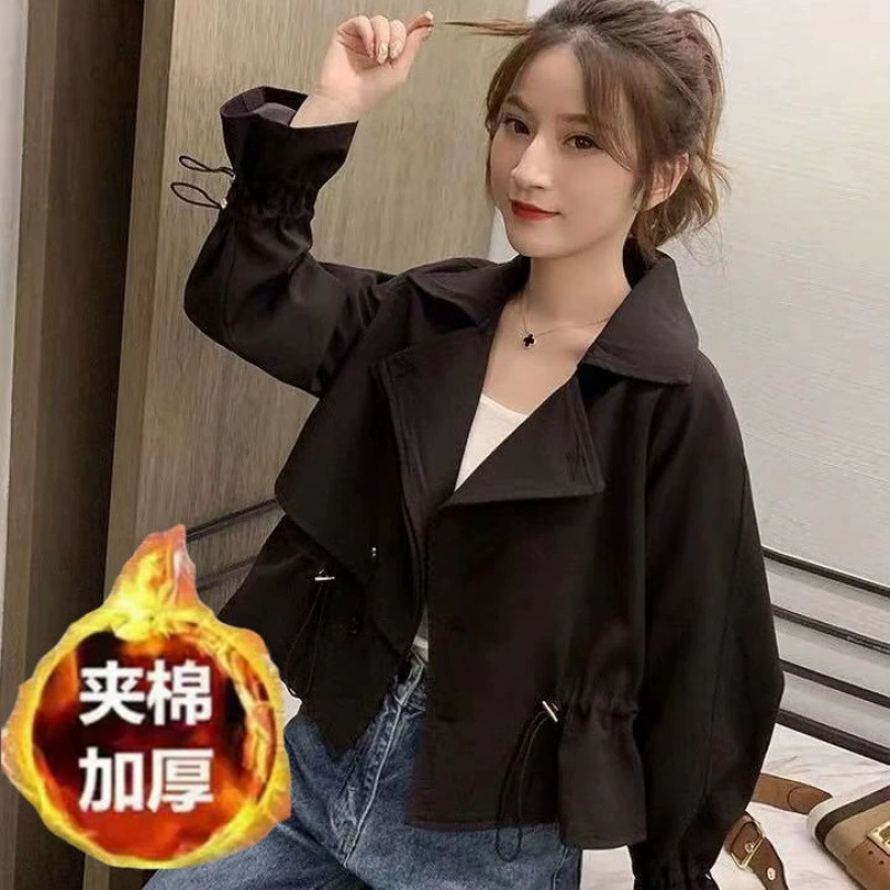 Trench Jacket Korean Style, Drawstring Waist, Solid Autumn Coat for Teens