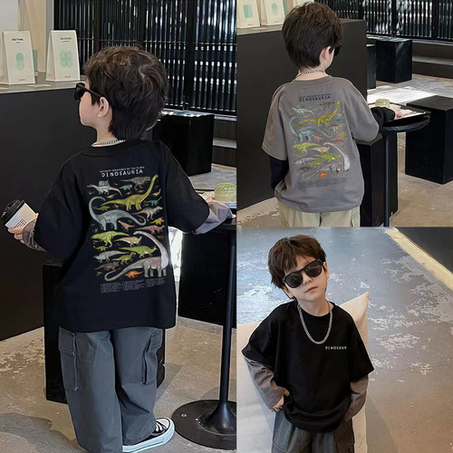 100% Cotton Children's Long-Sleeve T-Shirt Spring and Autumn Boys Korean Style Dinosaur Cartoon False Two-Piece Hipster Outerwear Top
