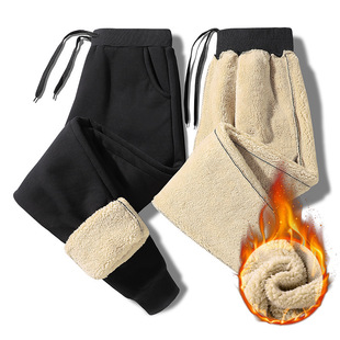 Men's Warm Winter Solid Color Cashmere Thickened Cashmere Casual Black Loose Winter Korean Style Sweatpants Tie-legged Trendy Cross-mirror