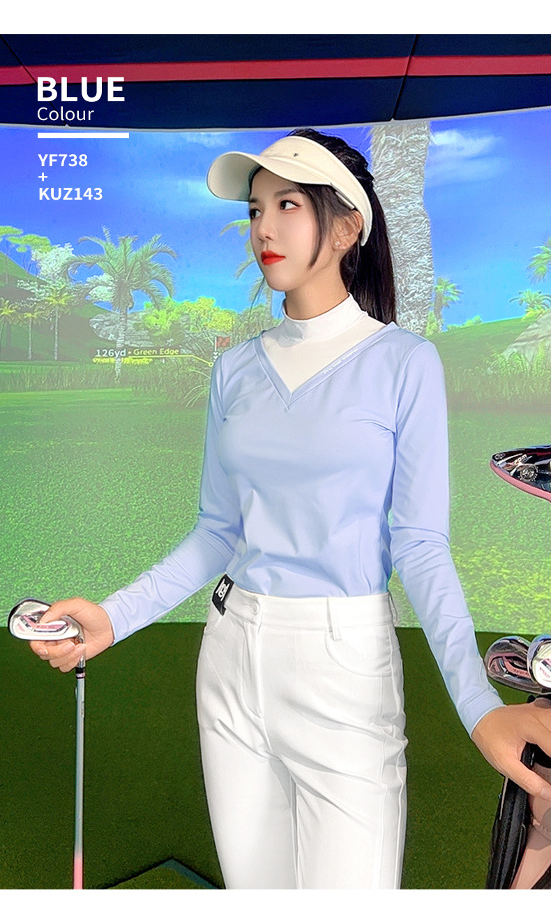 Áo phông golf nữ dài tay giả cổ đứng cổ chữ V PGM — YF738 [Áo lót lông chải/ôm dáng thon gọn] Áo kaki, YF738 [Áo lót lông chải/ôm dáng gầy] màu đen, YF738 [Áo lót lông/ôm dáng gầy] màu xanh nhạt chi tiết 10