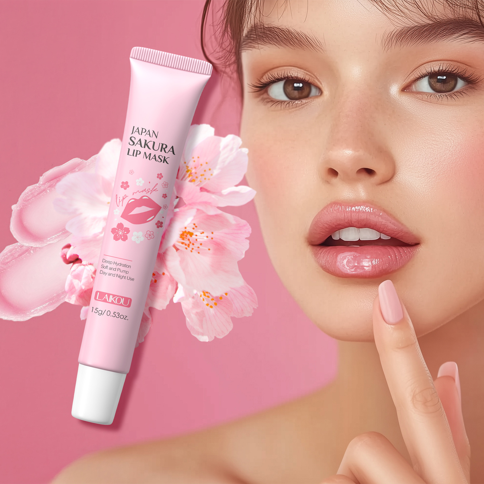 New cross-border product: LAIKOU Japanese Cherry Blossom Tube Lip Mask 15g, lip care and skincare product, in stock.