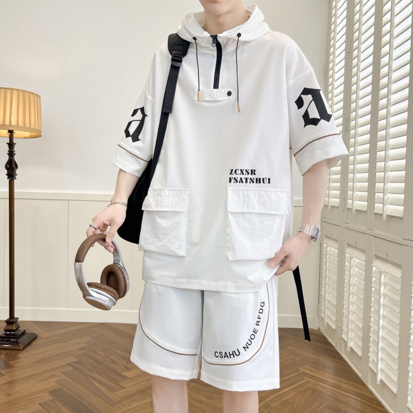 Summer Men's Cool and Stylish Jacket Set, Large Size Half-Zip Hooded Short-Sleeve T-Shirt, Straight-Leg Shorts Two-Piece Trendy Set