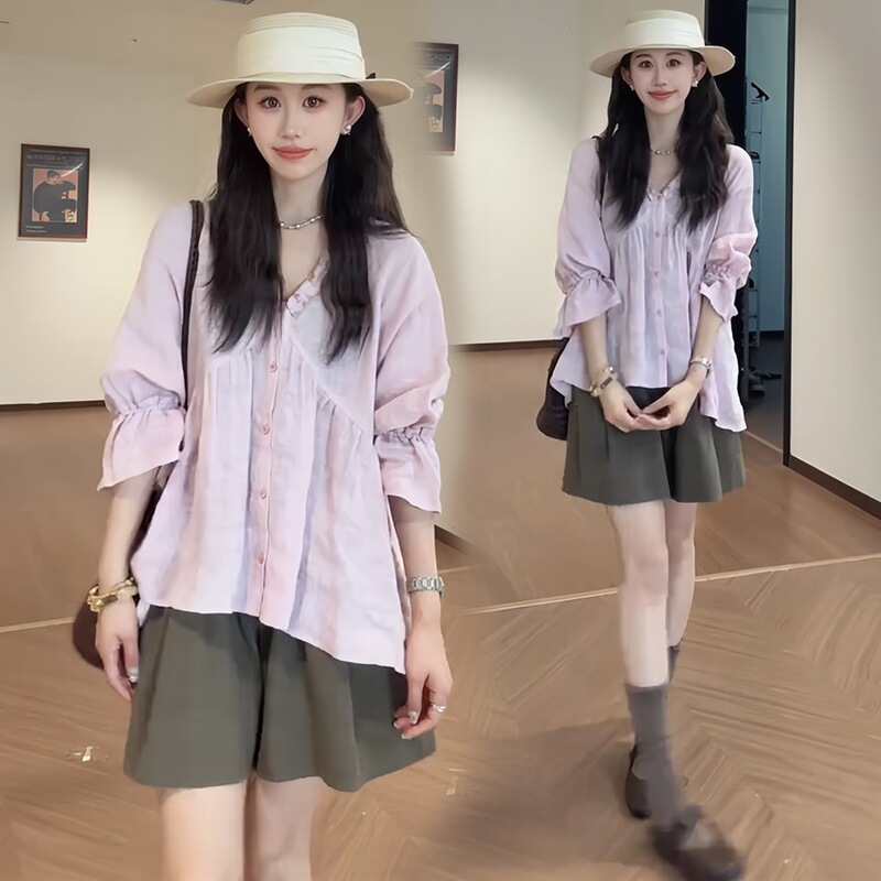 Summer New Style Chic Thin Short-Sleeved Shirt Top Loose Shorts Casual Maternity Two-Piece Suit