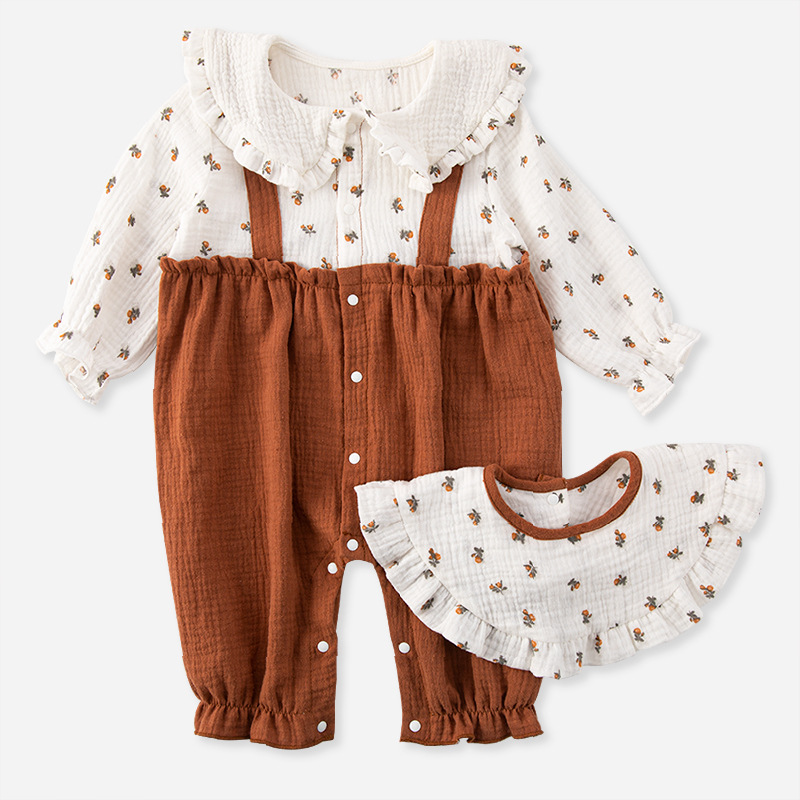 Mono de bebé de gasa de algodón Primavera y otoño ropa de casa de manga larga ropa de bebé niña ropa de salida falsa de 2 piezas para niños