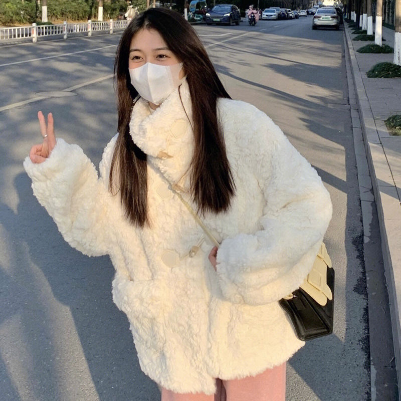 Horns Buckle Lambswool Coat Women's Winter Loose Thickened Imitation Rabbit Fur Milk fufu White Plush Coat