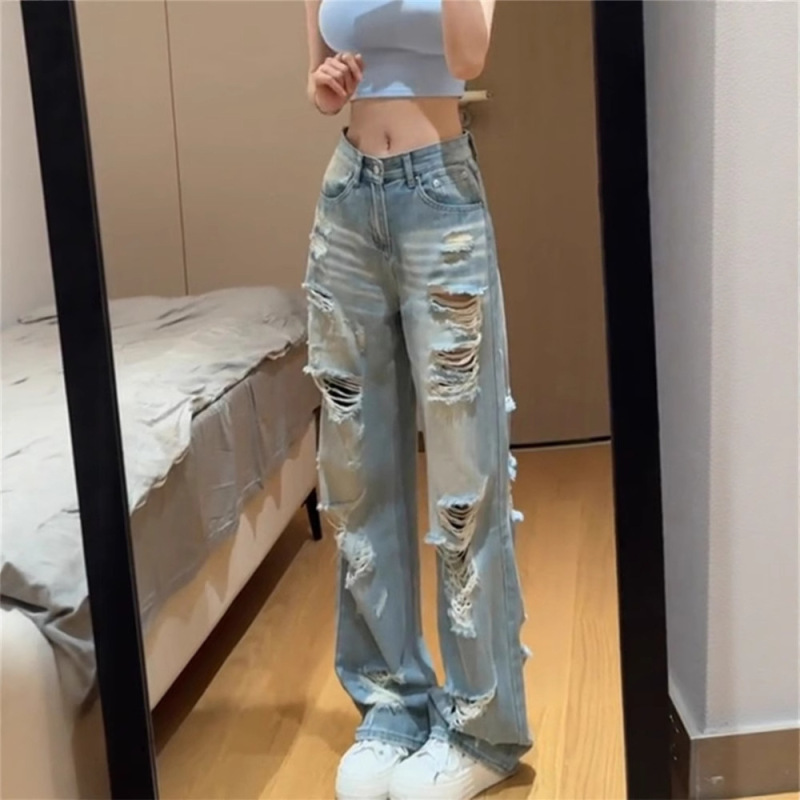 American Retro Straight Ripped Jeans for Women, Summer Thin Tall Extended Loose Slimming Distressed Floor-Length Pants American Retro Straight Ripped Jeans for Women, Summer Thin Tall Extended Loose Slimming Distressed Floor-Length Pants