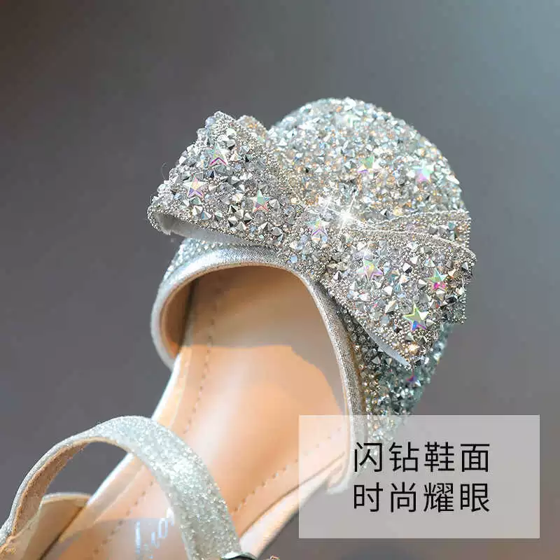 Genuine leather girls' princess shoes, children's high heels, summer leather shoes, crystal shoes with dress rhinestones, performance shoes for little girls