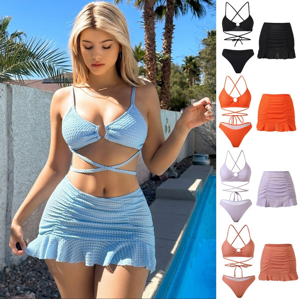 Cross-Border European and American Women's Split Bikini Swimsuit Three-Piece Suit Sexy Slimming Lace-Up Southeast Asia Russian Foreign Trade