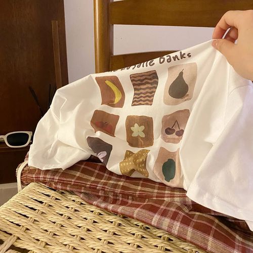 Super Soft Modal! Fruit Pattern Print Simple Short Sleeve T-Shirt for Women Summer Loose Straight Shoulder Youthful Top