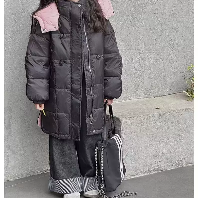 儿童2025女童冬季新款2931腰抽绳款中大童韩版百搭连帽羽绒服外套