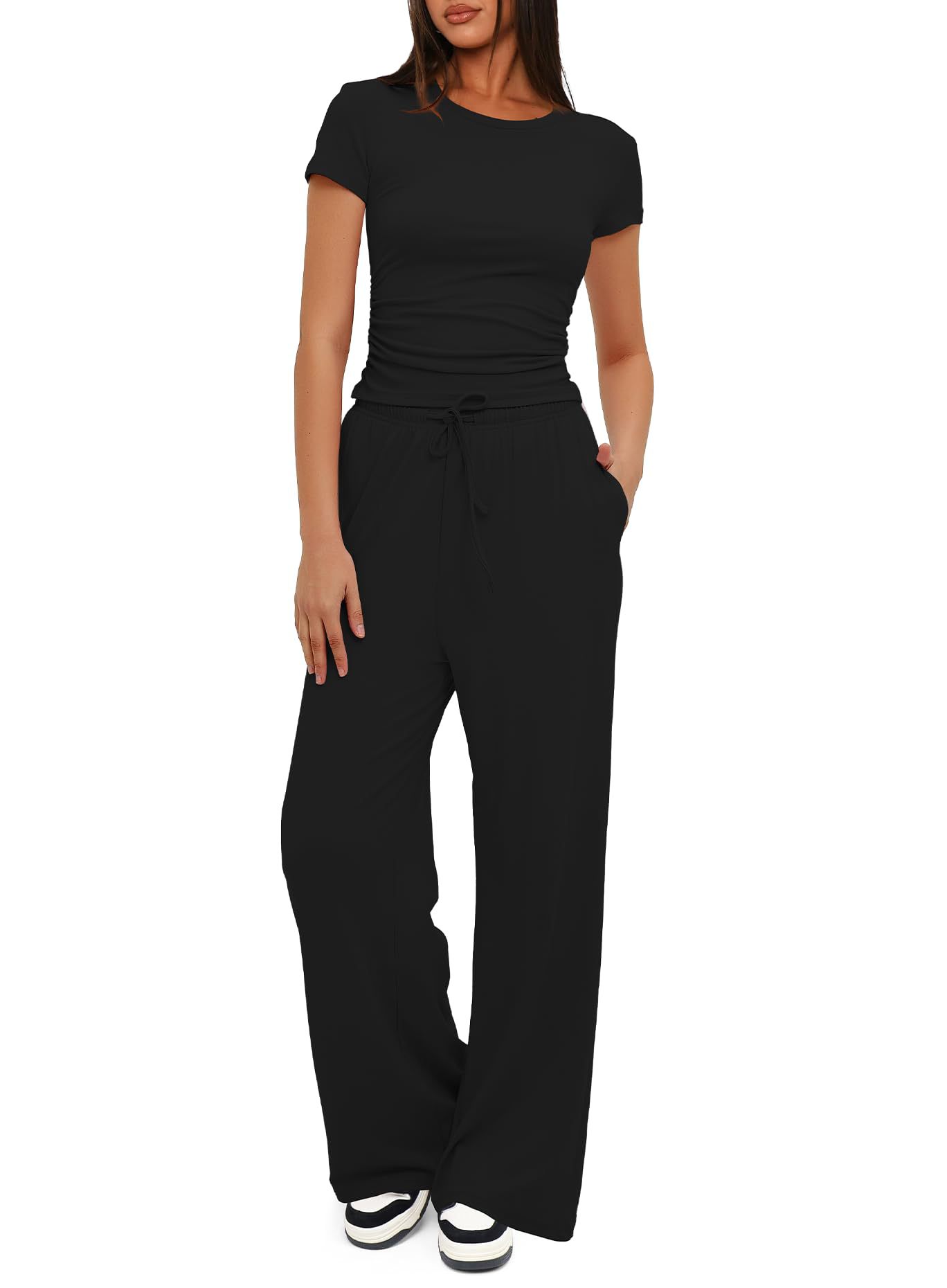 European American Foreign Trade Women's 2-piece Casual Set: Ruffled Short-sleeve Top And High-waisted Wide-leg_ecoleips.com