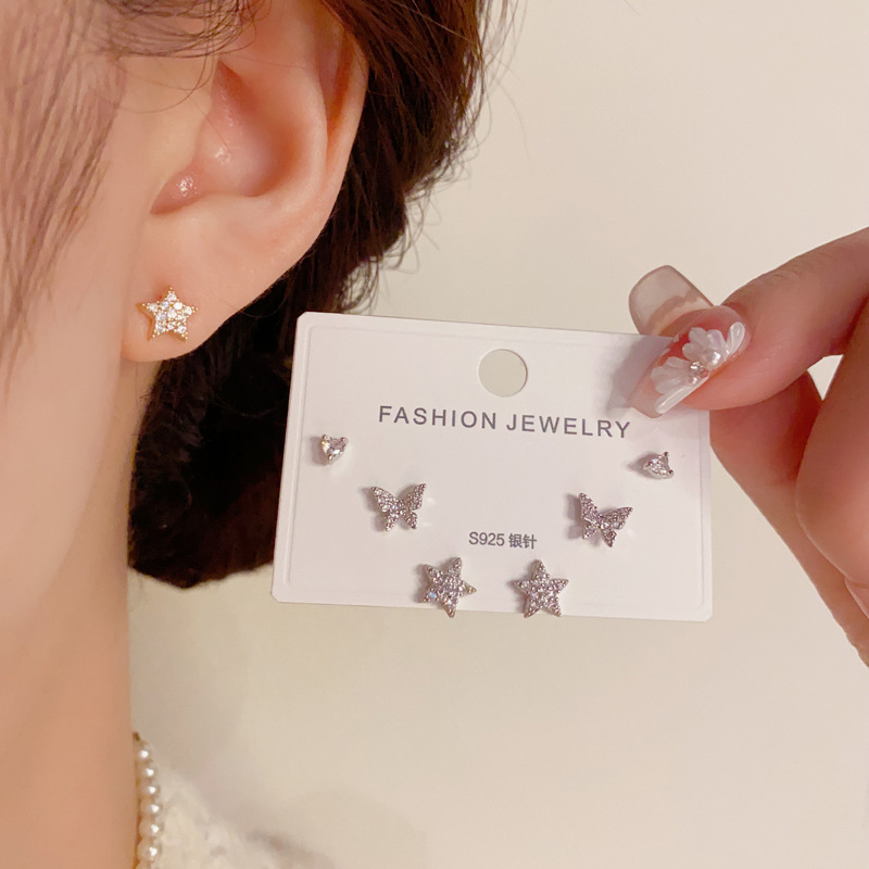 Star, Butterfly Pattern Women's Gender 1 Set Simple Style Star Butterfly Copper Zircon Vacuum Plating 14K Real Gold Plated Women's Ear Studs