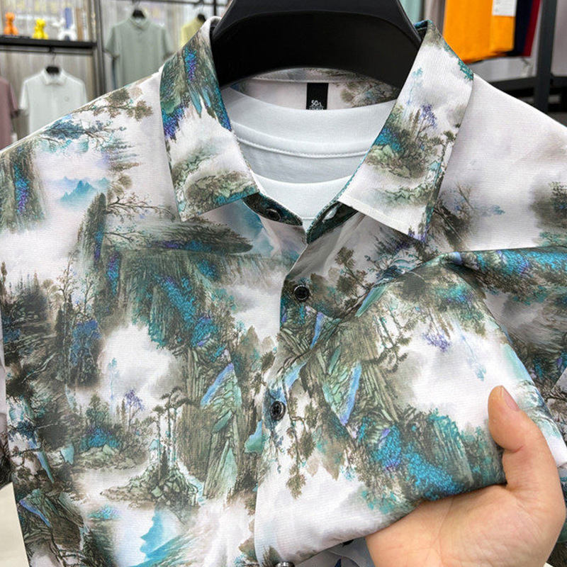 Camisas jóvenes de mediana edad de alta gama para hombres primavera y otoño tendencia floral coreana camisa de algodón nueva camisa floral de manga larga