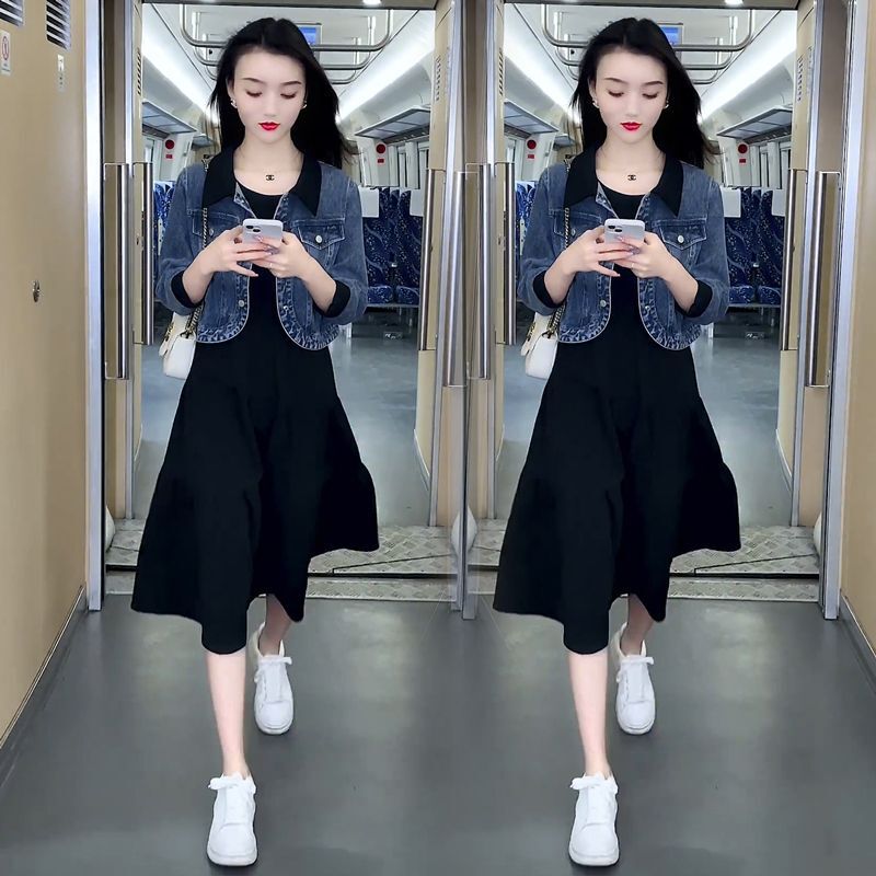 时尚气质套装裙女春秋新款小个子显瘦牛仔短外套连衣裙减龄两件套|undefined