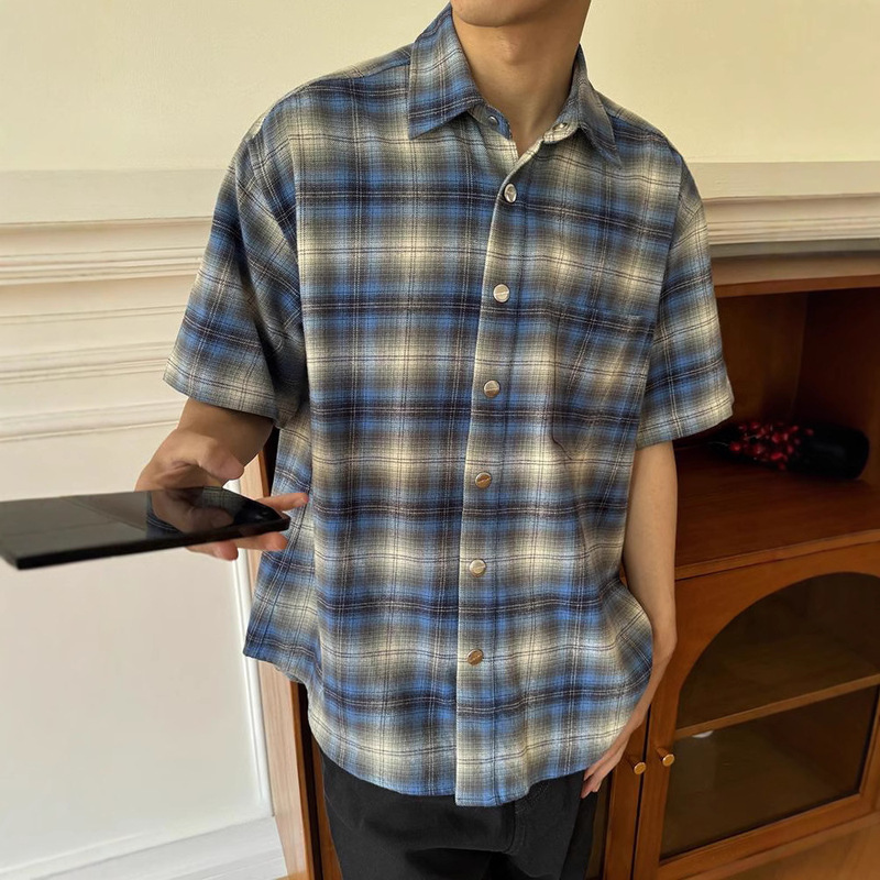 Flannel Blue Plaid Short-sleeved Shirt Men's Summer High-end Plaid Shirt American Style cleanfit Jacket
