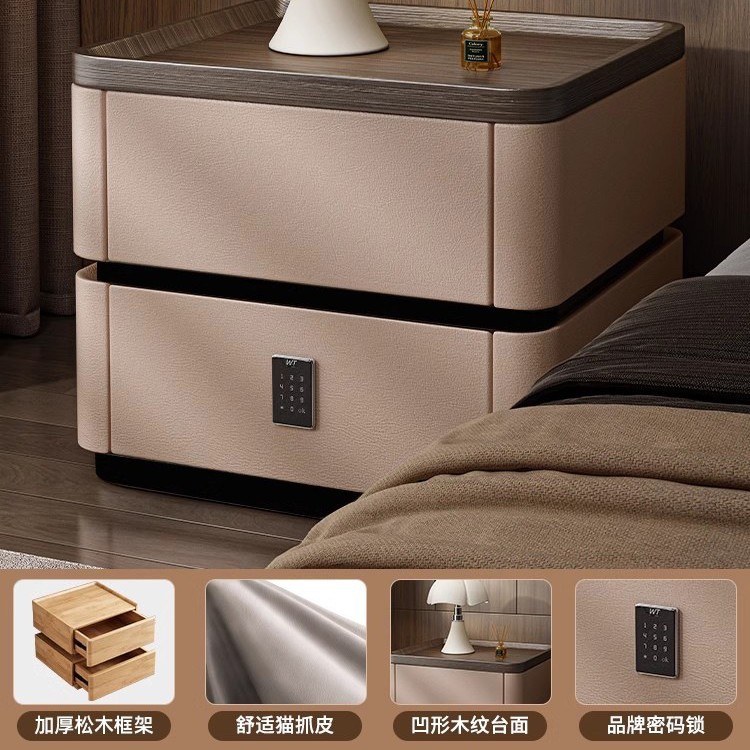 Mesita de noche de madera maciza con cerradura de combinación, caja fuerte, lujo ligero, sensación de alta gama, 2025, estilo caliente, dormitorio doméstico, armario de almacenamiento