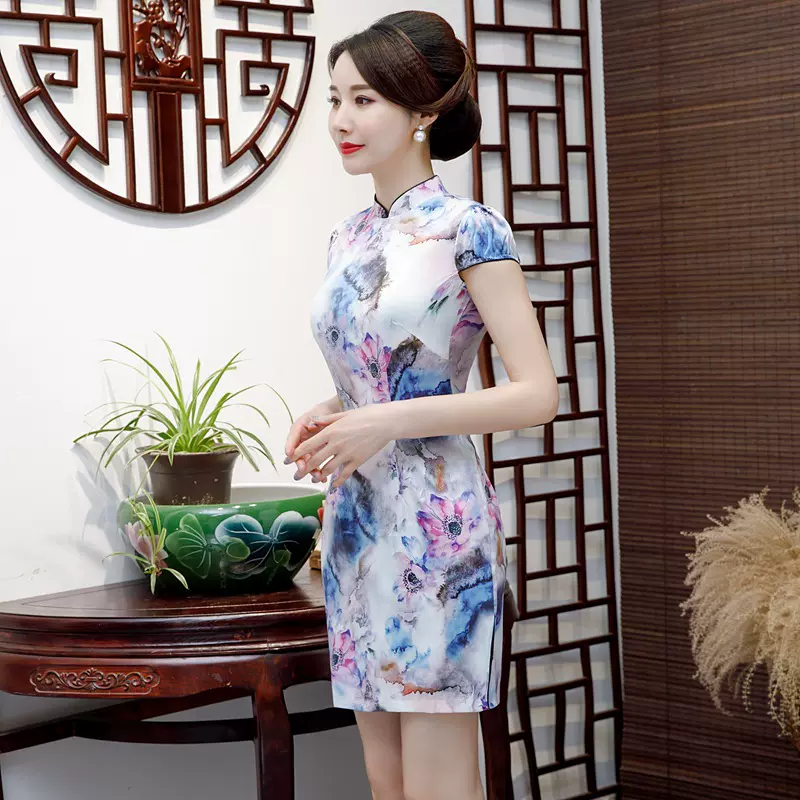 新中式旗袍短款矮个子新款高档裙子高贵中老年妈妈轻奢旗袍连衣裙