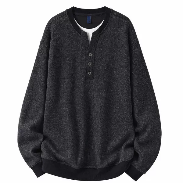 Old Money Style Henley Collar Sweatshirt for Men, Fall 2026, Faux Two-Piece Long Sleeve Loose Top, Color-Contrast Casual T-Shirt