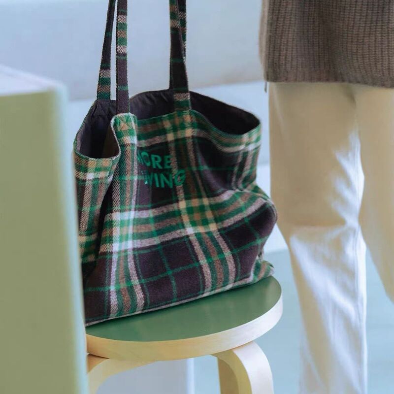 Green Checkered Single-Shoulder Bag Original Design Thick Canvas Woolen Large Capacity Eco-Friendly Bag Exquisite Trendy Korean Style