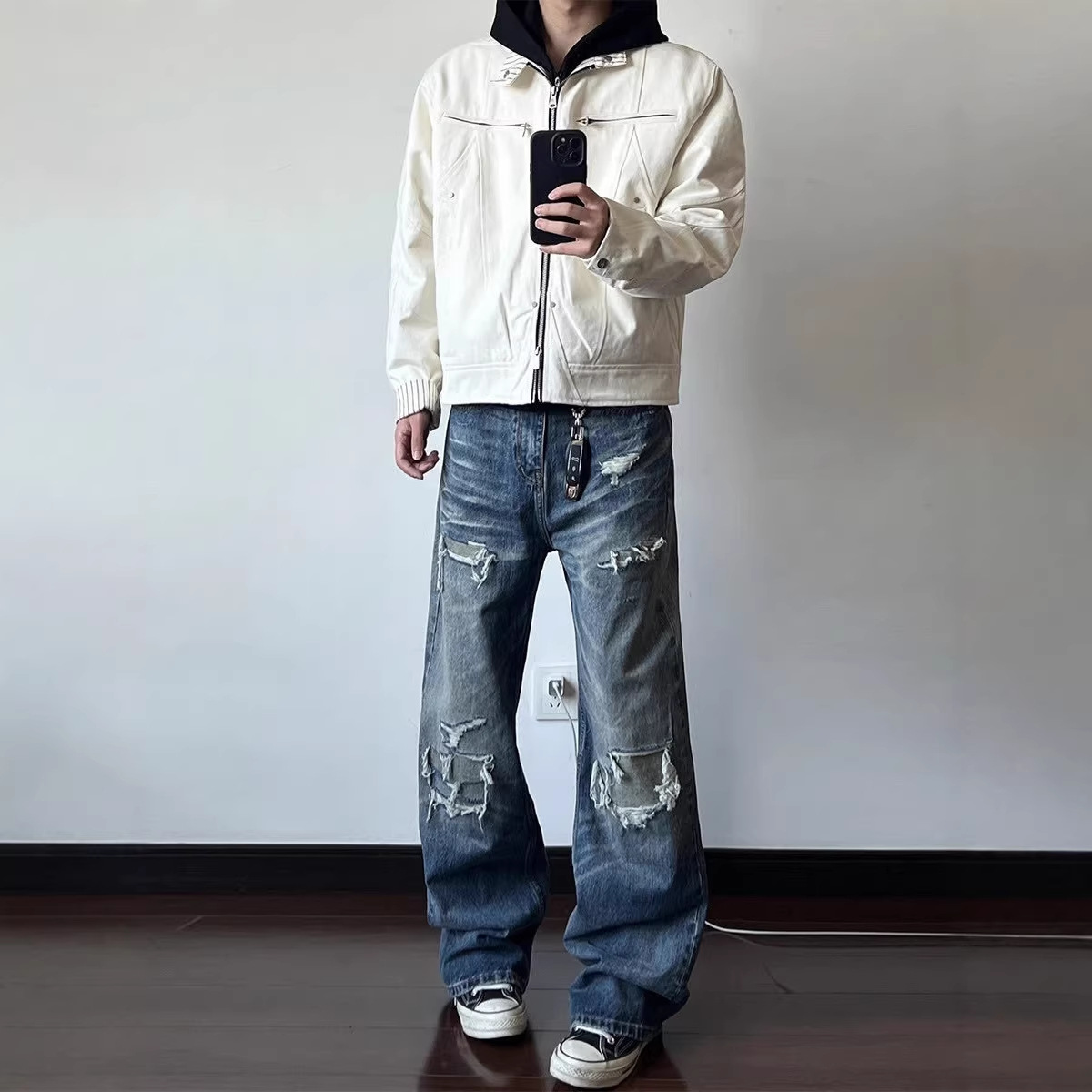 Men's Distressed Washed Denim Jeans With Rip & Frayed Details, Loose Fit Straight Leg Pants, Vintage Streetwear Style For Casual Wear_mkmklike.com