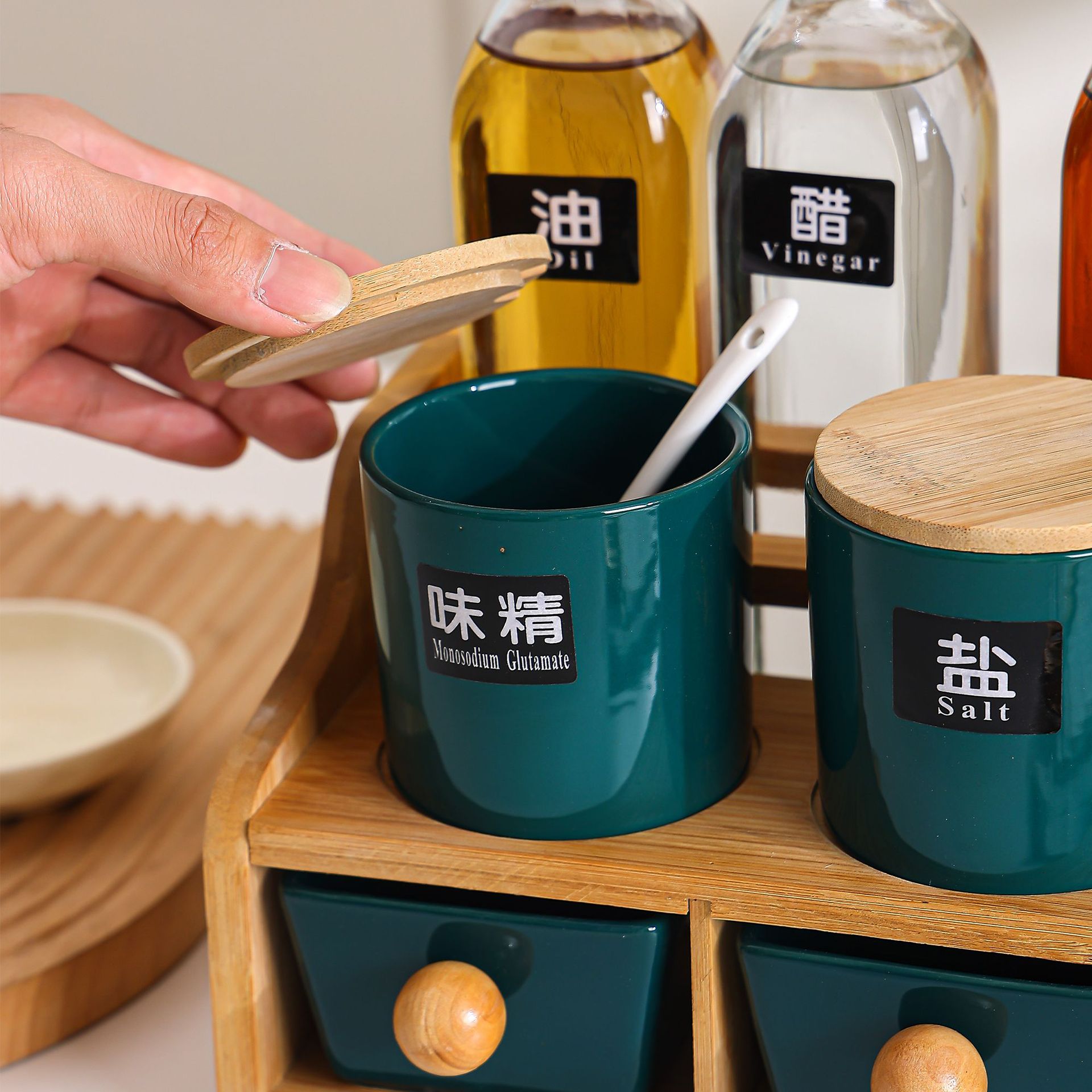 Botella de condimentos de vidrio nórdico, conjunto de botellas de condimentos de aceite de cocina, botella de condimentos de sal, azúcar, botella de cerámica, marco de almacenamiento