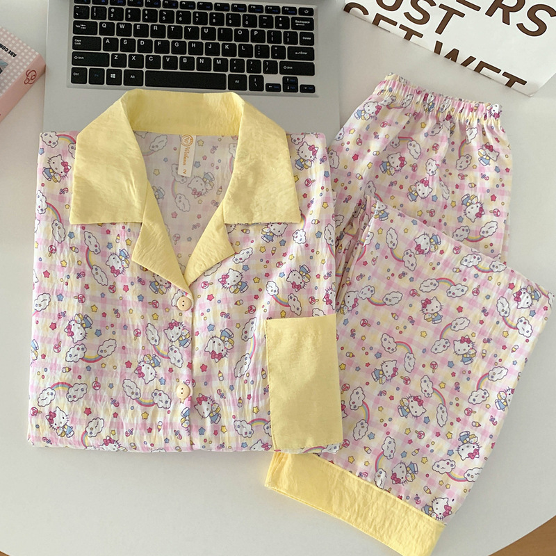 扎染条纹云朵纯棉纱睡衣女春秋季长袖简约可外穿开衫家居服夏套装|undefined