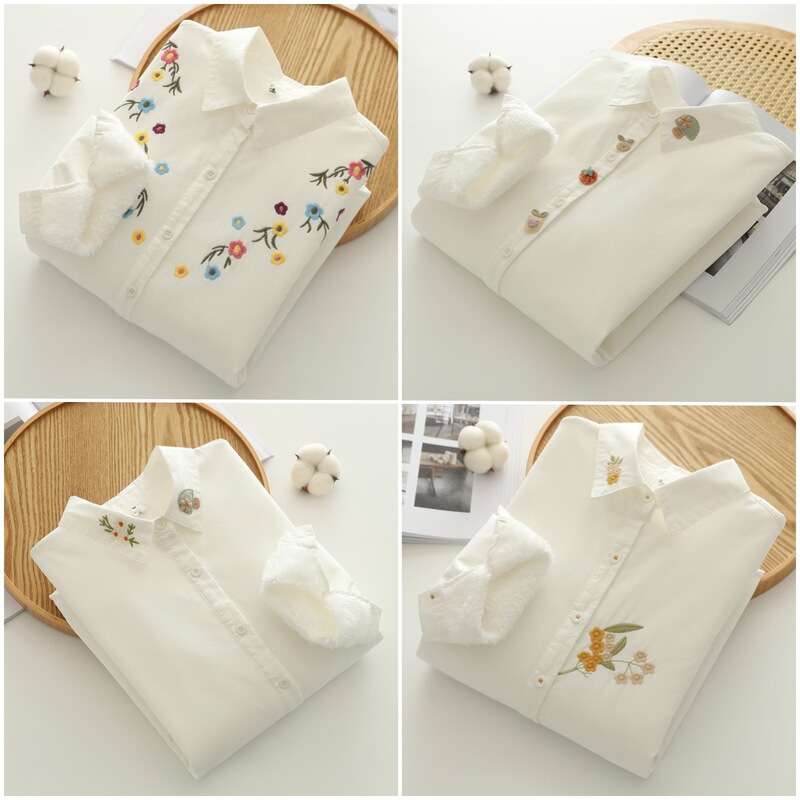 2025 Fleece-Lined Shirt for Women, Artistic and Fresh Embroidered Cotton White Shirt, Thickened and Warm Base Shirt for Winter