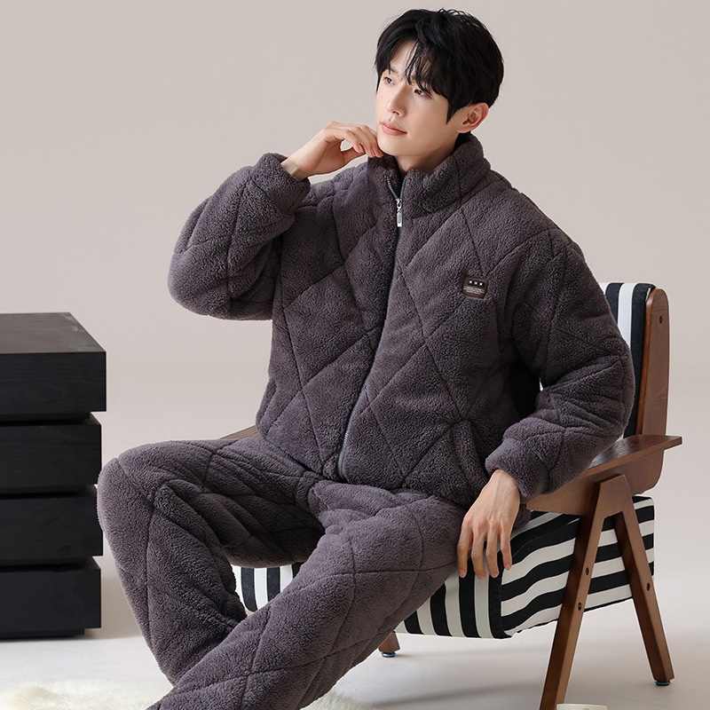 Men's Pajamas Coral Velvet Three-Layer Thickeneded Quilted Winter Warm Zipper High Collar Men's Autumn and Winter Super Thick Home Clothes