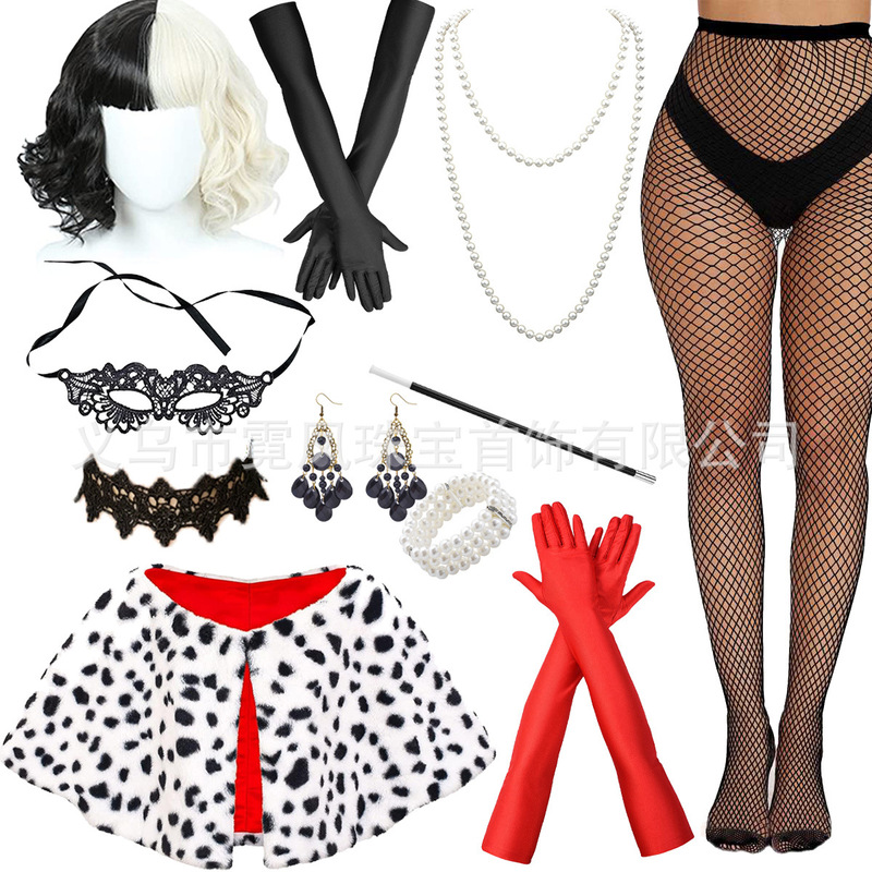 Direct from the manufacturer: New black and white witch wig, Halloween party costume accessories, props, and gloves set