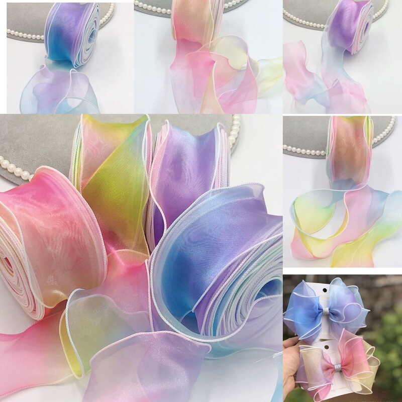 Gradient rainbow wave curving gauze belt handmade bow material homemade children's hairpin Accessories Wholesale Gradient rainbow wave curving gauze belt handmade bow material homemade children's hairpin Accessories Wholesale