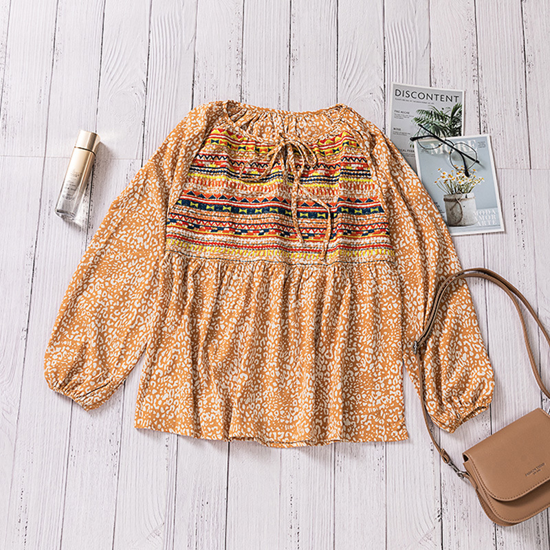 时颖亚马逊雪纺衫女秋季新款圆领民族风刺绣拼接灯笼袖雪纺上衣女