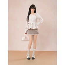 日系甜美设计感蝴蝶绑带收腰显瘦绝美粉色上衣+显瘦半身裙套装女